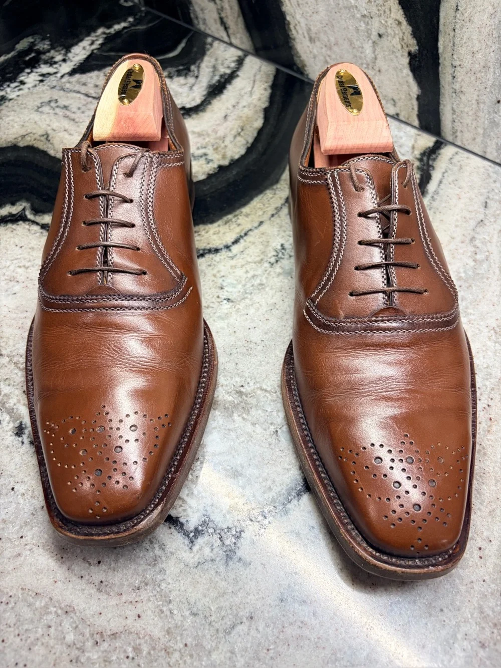 A.Testoni Black Label 8.5 M Brown Leather Medallion Oxford Shoes Italy